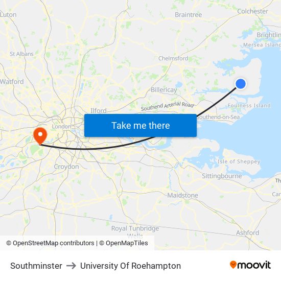 Southminster to University Of Roehampton map