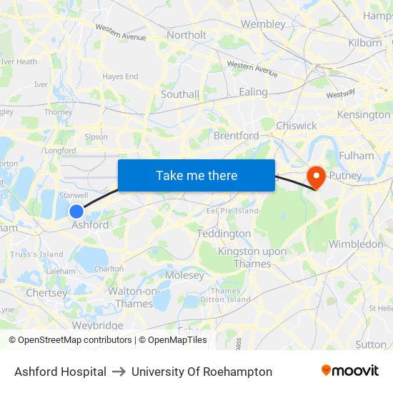 Ashford Hospital to University Of Roehampton map