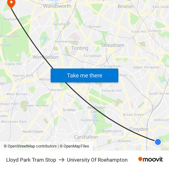 Lloyd Park Tram Stop to University Of Roehampton map