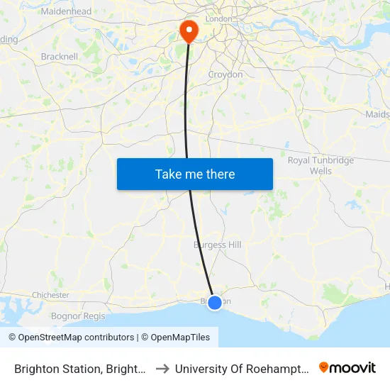 Brighton Station, Brighton to University Of Roehampton map