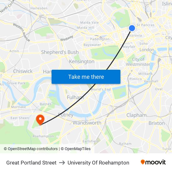 Great Portland Street to University Of Roehampton map