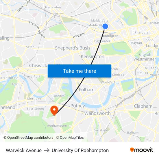 Warwick Avenue to University Of Roehampton map