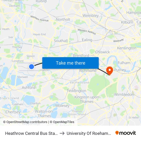 Heathrow Central Bus Station to University Of Roehampton map