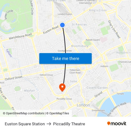 Euston Square Station to Piccadilly Theatre map