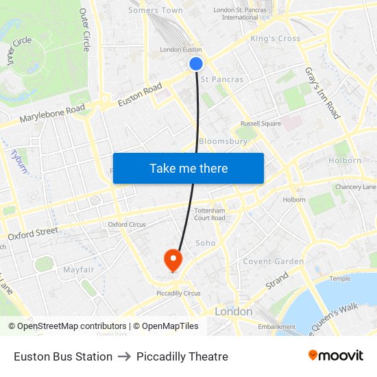 Euston Bus Station to Piccadilly Theatre map