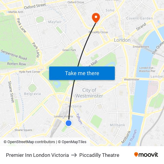 Premier Inn London Victoria to Piccadilly Theatre map