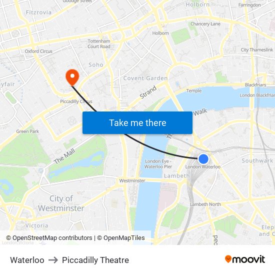 Waterloo to Piccadilly Theatre map