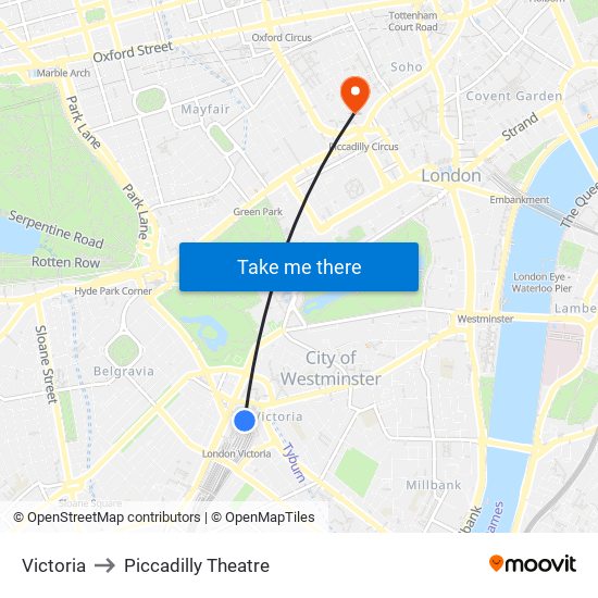 Victoria to Piccadilly Theatre map