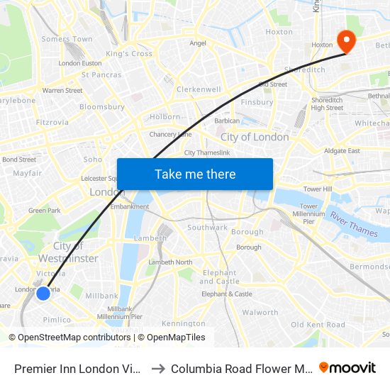 Premier Inn London Victoria to Columbia Road Flower Market map