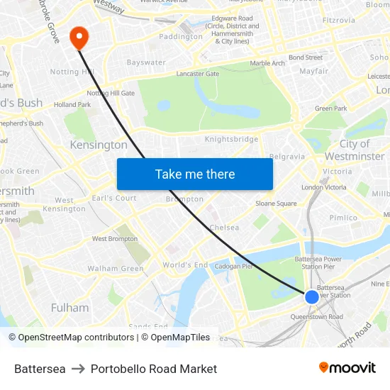 Battersea to Portobello Road Market map