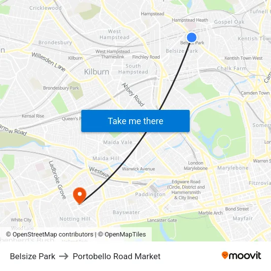 Belsize Park to Portobello Road Market map