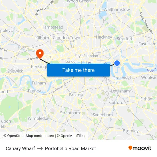Canary Wharf to Portobello Road Market map