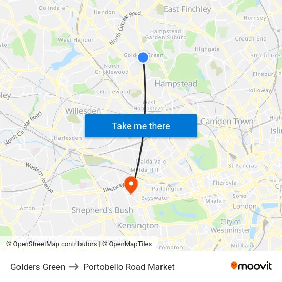 Golders Green to Portobello Road Market map