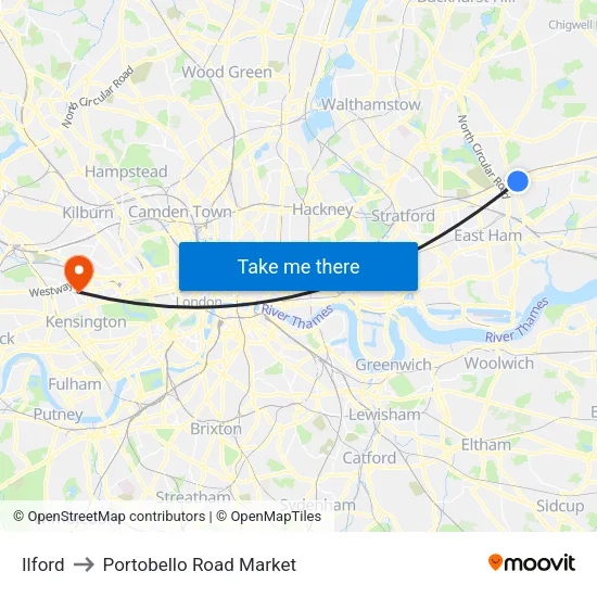 Ilford to Portobello Road Market map