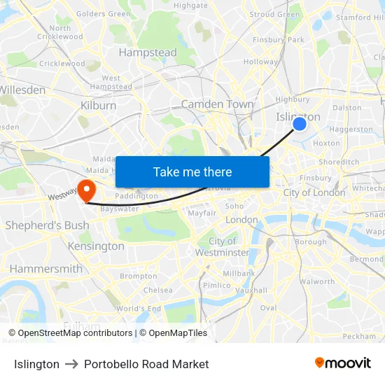 Islington to Portobello Road Market map