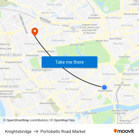 Knightsbridge to Portobello Road Market map