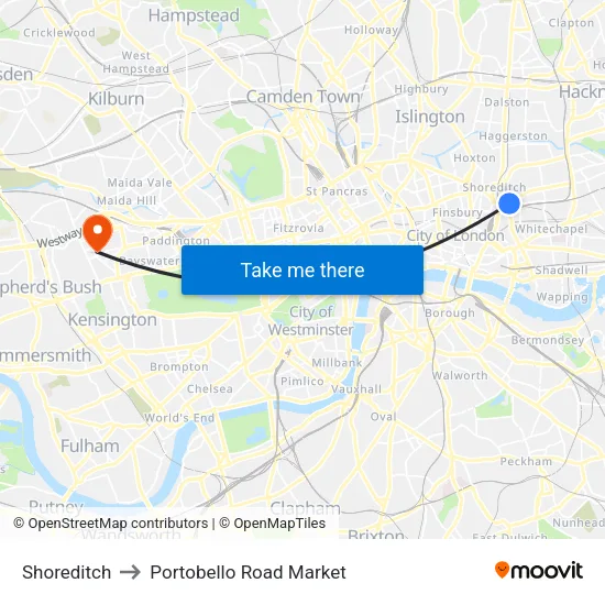 Shoreditch to Portobello Road Market map