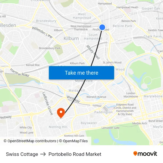 Swiss Cottage to Portobello Road Market map