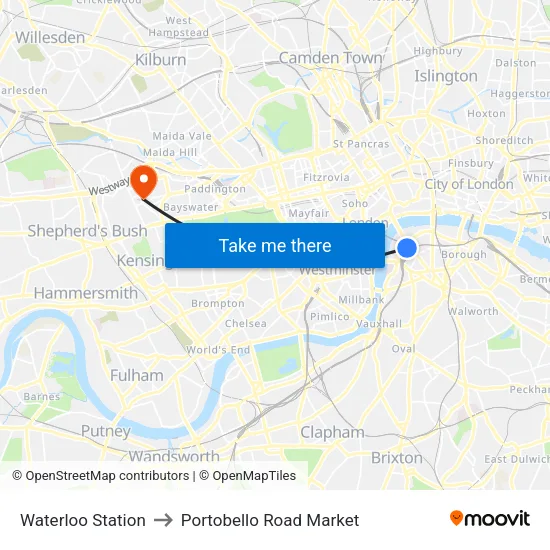 Waterloo Station to Portobello Road Market map