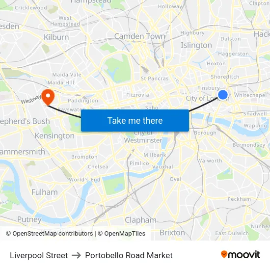 Liverpool Street to Portobello Road Market map