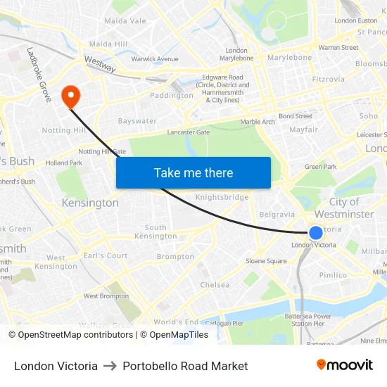 London Victoria to Portobello Road Market map