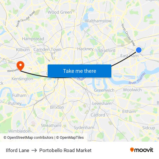 Ilford Lane to Portobello Road Market map