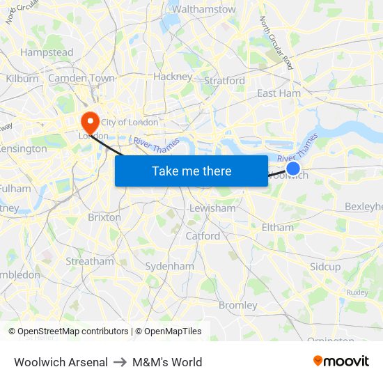 Woolwich Arsenal to M&M's World map