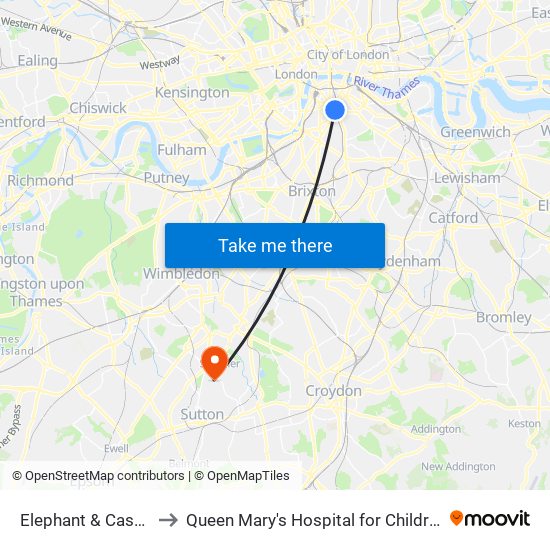 Elephant & Castle to Queen Mary's Hospital for Children map