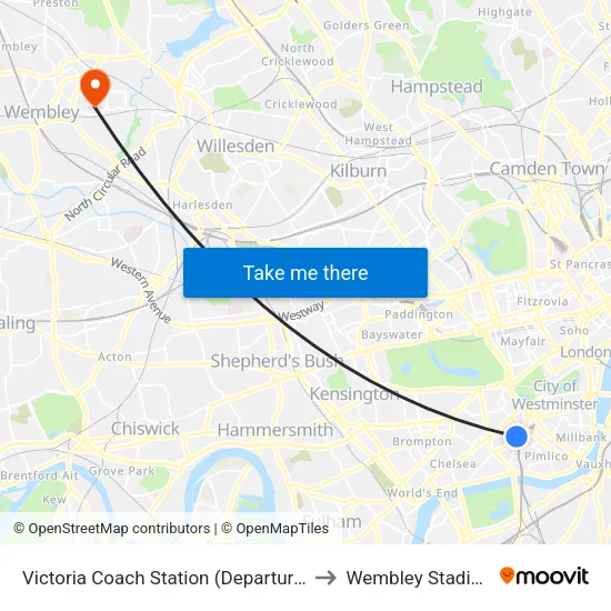 Victoria Coach Station (Departures) to Wembley Stadium map