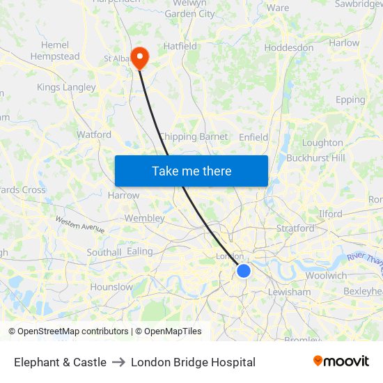 Elephant & Castle to London Bridge Hospital map