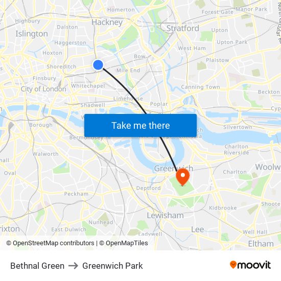Bethnal Green to Greenwich Park map