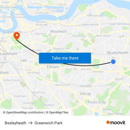 Bexleyheath to Greenwich Park map