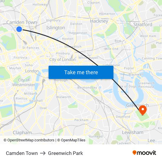 Camden Town to Greenwich Park map