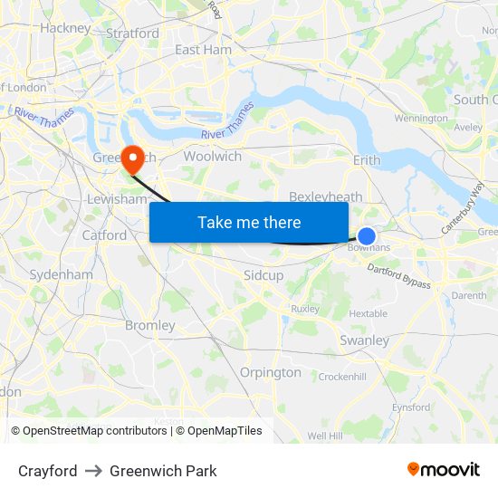 Crayford to Greenwich Park map