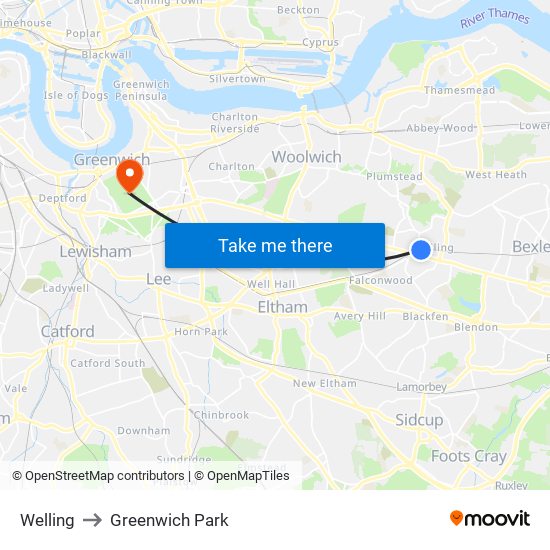 Welling to Greenwich Park map