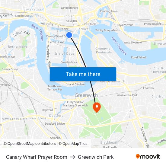 Canary Wharf Prayer Room to Greenwich Park map