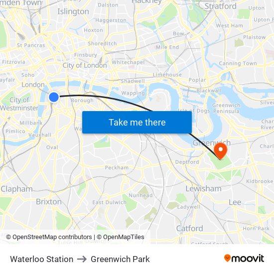 Waterloo Station to Greenwich Park map