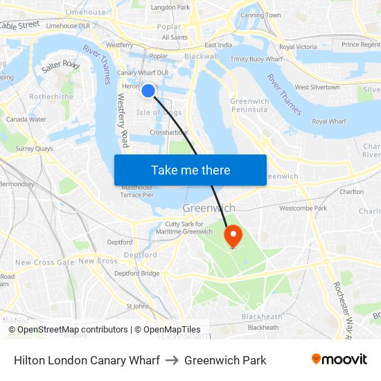Hilton London Canary Wharf to Greenwich Park map