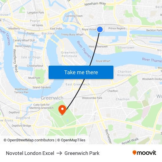 Novotel London Excel to Greenwich Park map