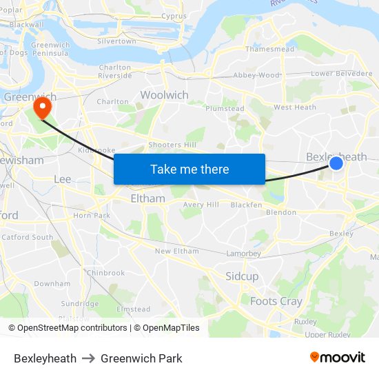 Bexleyheath to Greenwich Park map