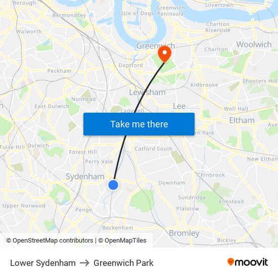 Lower Sydenham to Greenwich Park map