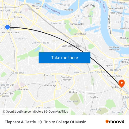 Elephant & Castle to Trinity College Of Music map