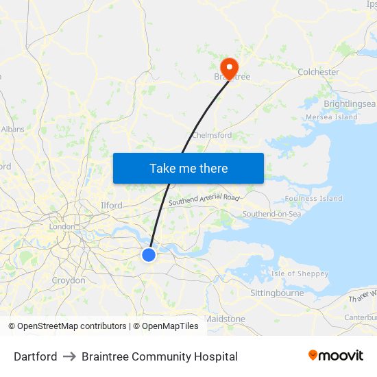 Dartford to Braintree Community Hospital map