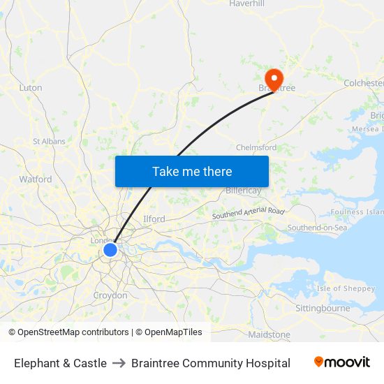 Elephant & Castle to Braintree Community Hospital map