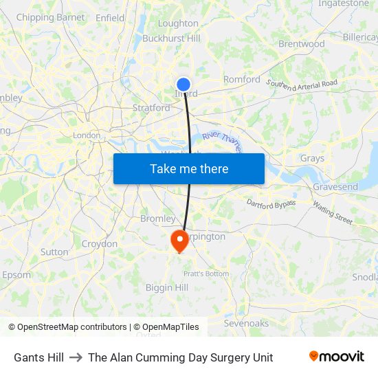 Gants Hill to The Alan Cumming Day Surgery Unit map