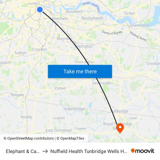 Elephant & Castle to Nuffield Health Tunbridge Wells Hospital map