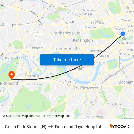 Green Park Station (H) to Richmond Royal Hospital map