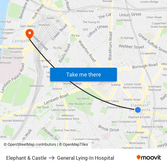 Elephant & Castle to General Lying-In Hospital map