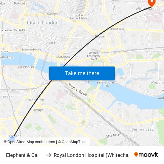 Elephant & Castle to Royal London Hospital (Whitechapel) map
