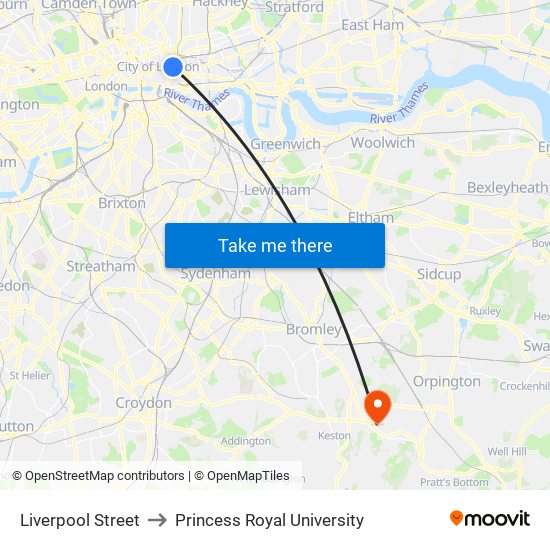 Liverpool Street to Princess Royal University map